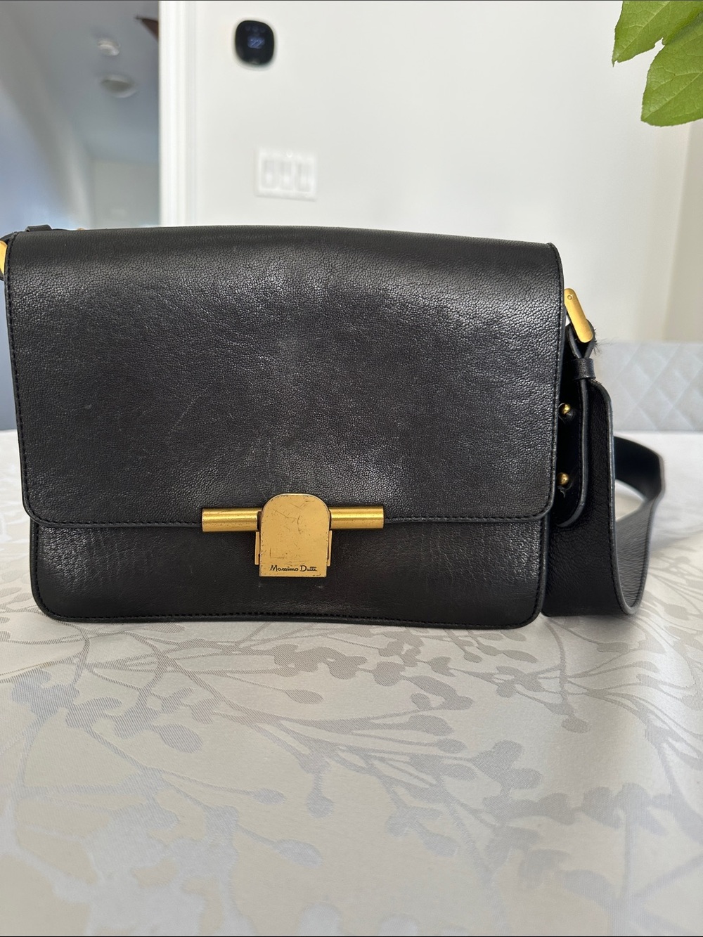 Massimo Dutti Black Leather Crossbody with Gold Accent Lock
